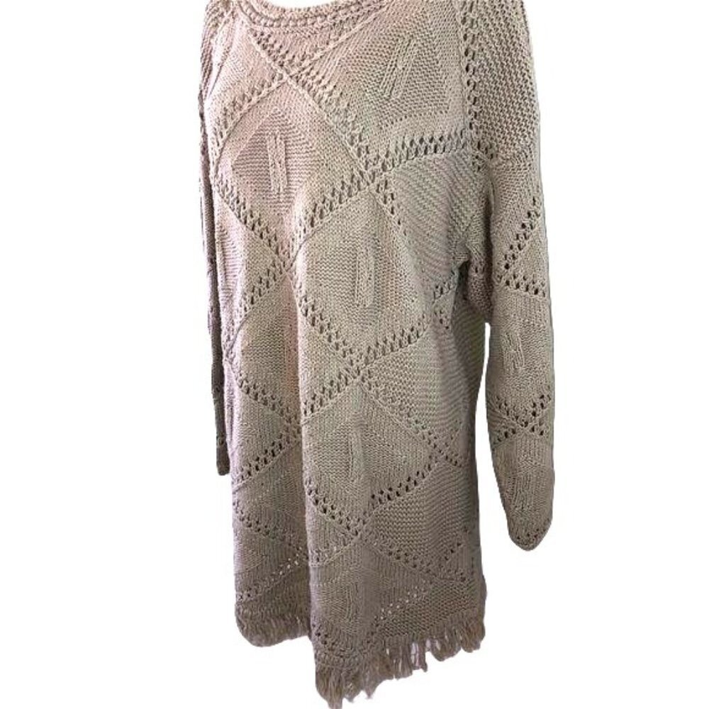 Yarnworks Handknit Dress Womens Size XL Tan Cotton Ramie Fringe Vintage Bohemian - Picture 7 of 10
